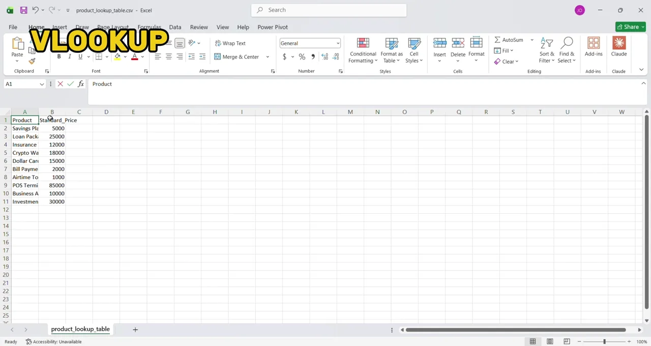 Excel sheet showing a VLOOKUP formula on a product lookup table